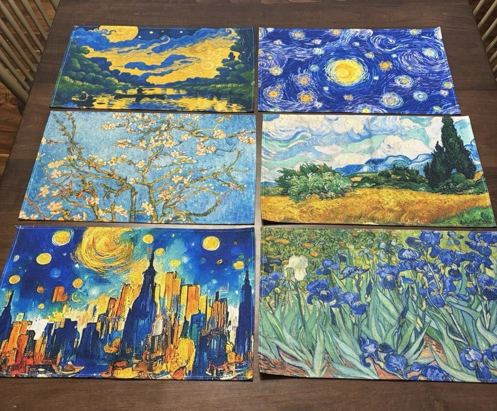 Linen Van Gogh Style Watercolor Painting Placemats Art Decor Maximalist Academia